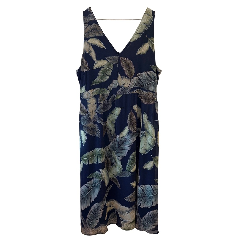 Standards & Practices Navy Tropical Leaf Print‎ V-Neck Midi Dress Plus Size 3X